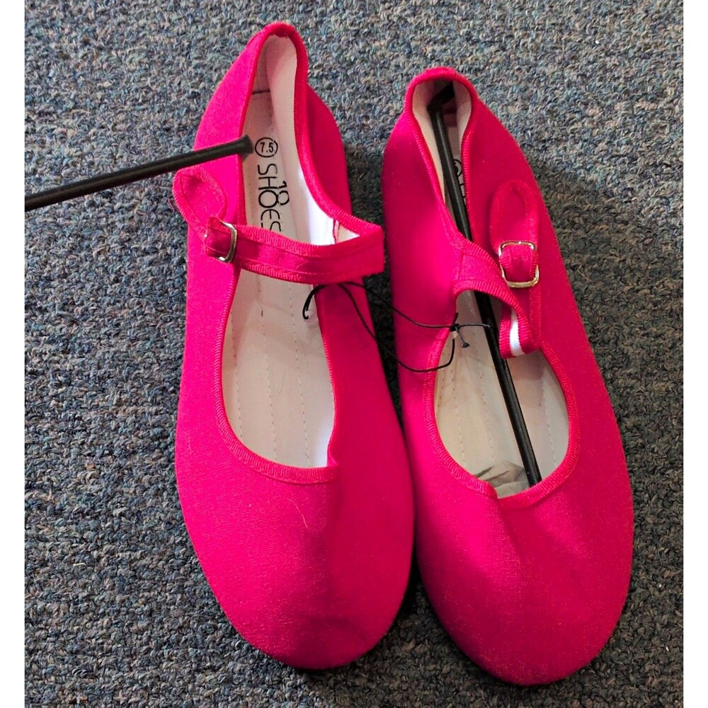Sh18es Women's Pink Mary Jane Flats Round Toe Buckle Cotton Upper US 7.5